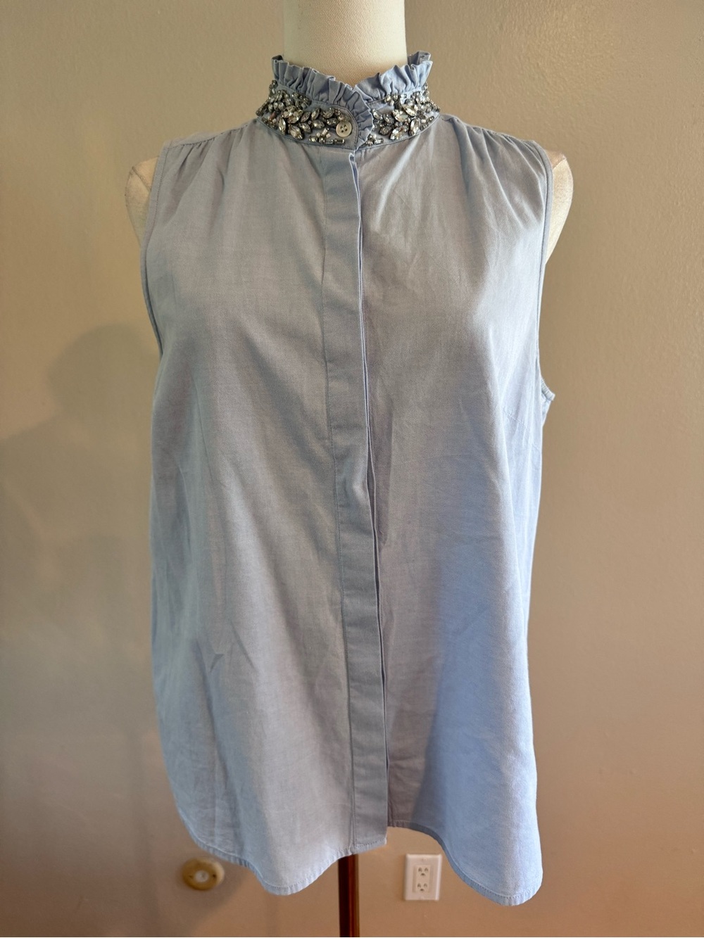 J.Crew 2010s Blue Jeweled Rhinestone Ruffle Collar Sleeveless Top Size 8